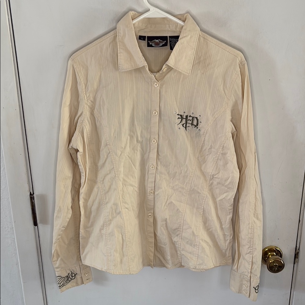 Harley Davidson beige long sleeve button down embroidered shirt Size Large